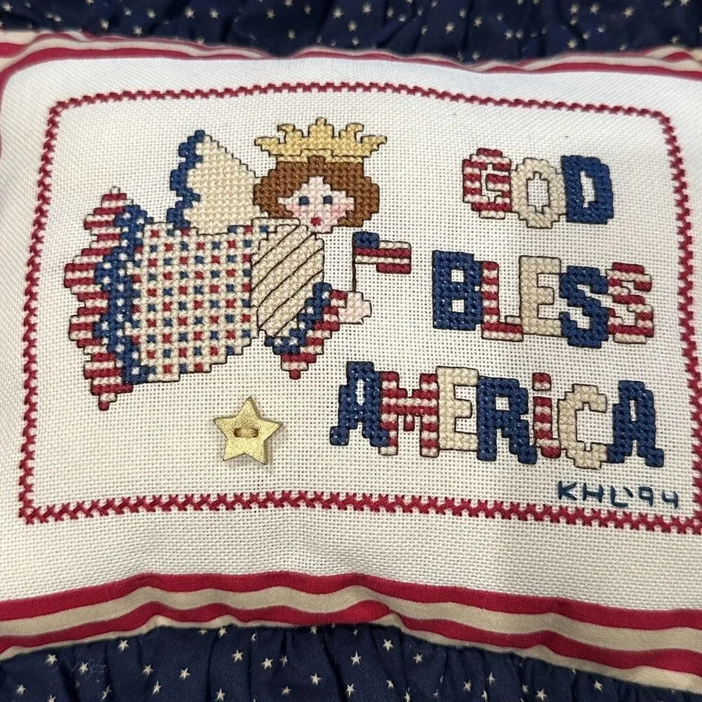 VTG Cross Stitch Pillow 12x10 Inch God Bless America‎ USA Ruffle Red White Blue